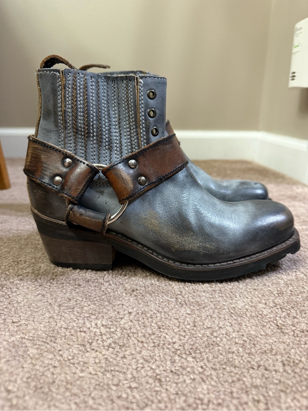 freebird Gray Leather Harness Ankle Boots with Brown Strap